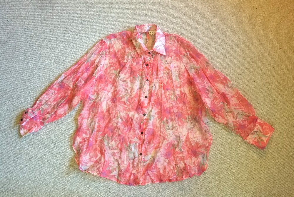 Womens Top-POL-pink/white/green floral textured sheer button-up oversized M